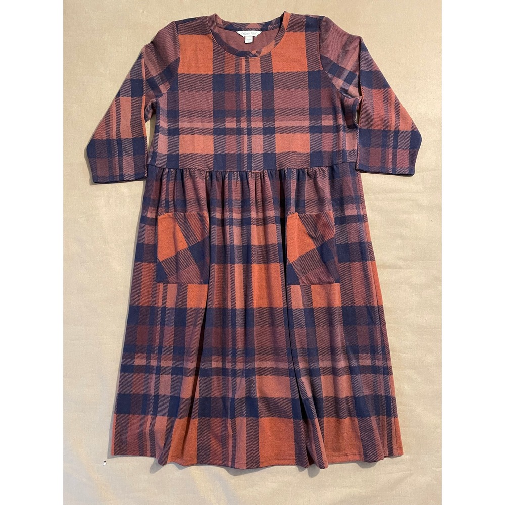 Coldwater Creek Soft Plaid Pocket Dress Sz 1X Midi 3/4 Sleeve Brushed Knit $158
